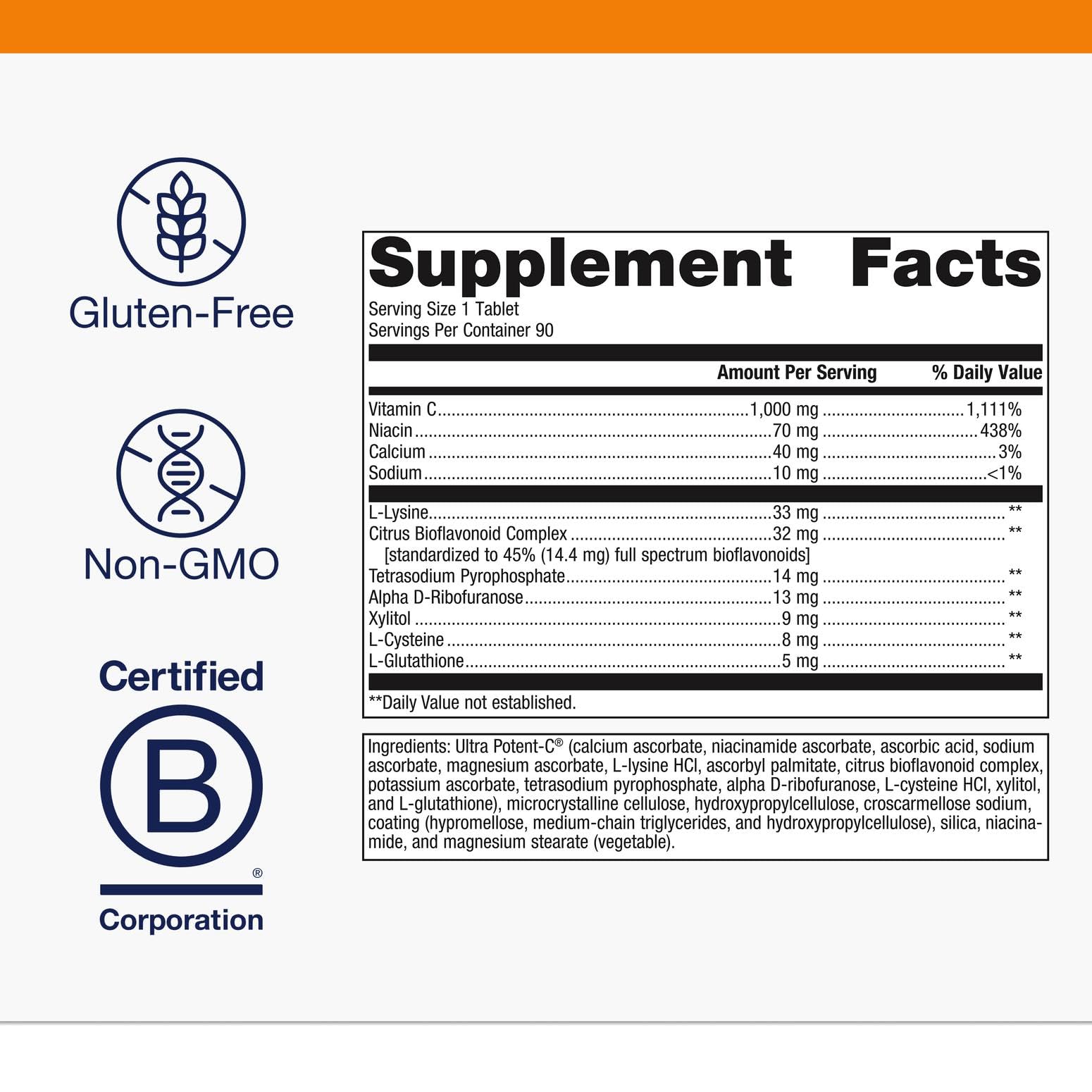 Vitamin C 1000mg Tablets for Immune Support & Antioxidant Protection 90 Ct