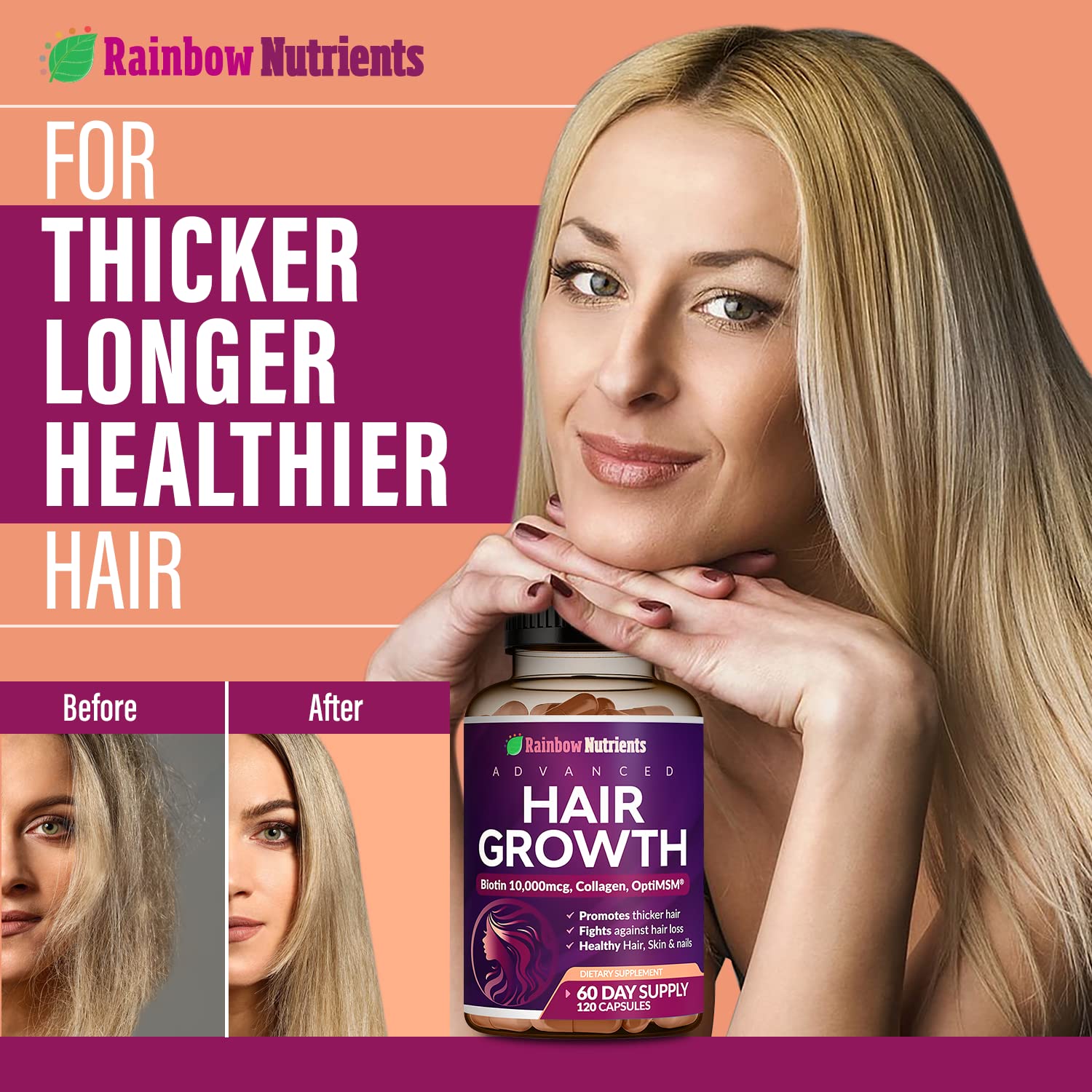Hair Growth Vitamins Biotin 10000mcg Collagen MSM 60 Day Supply
