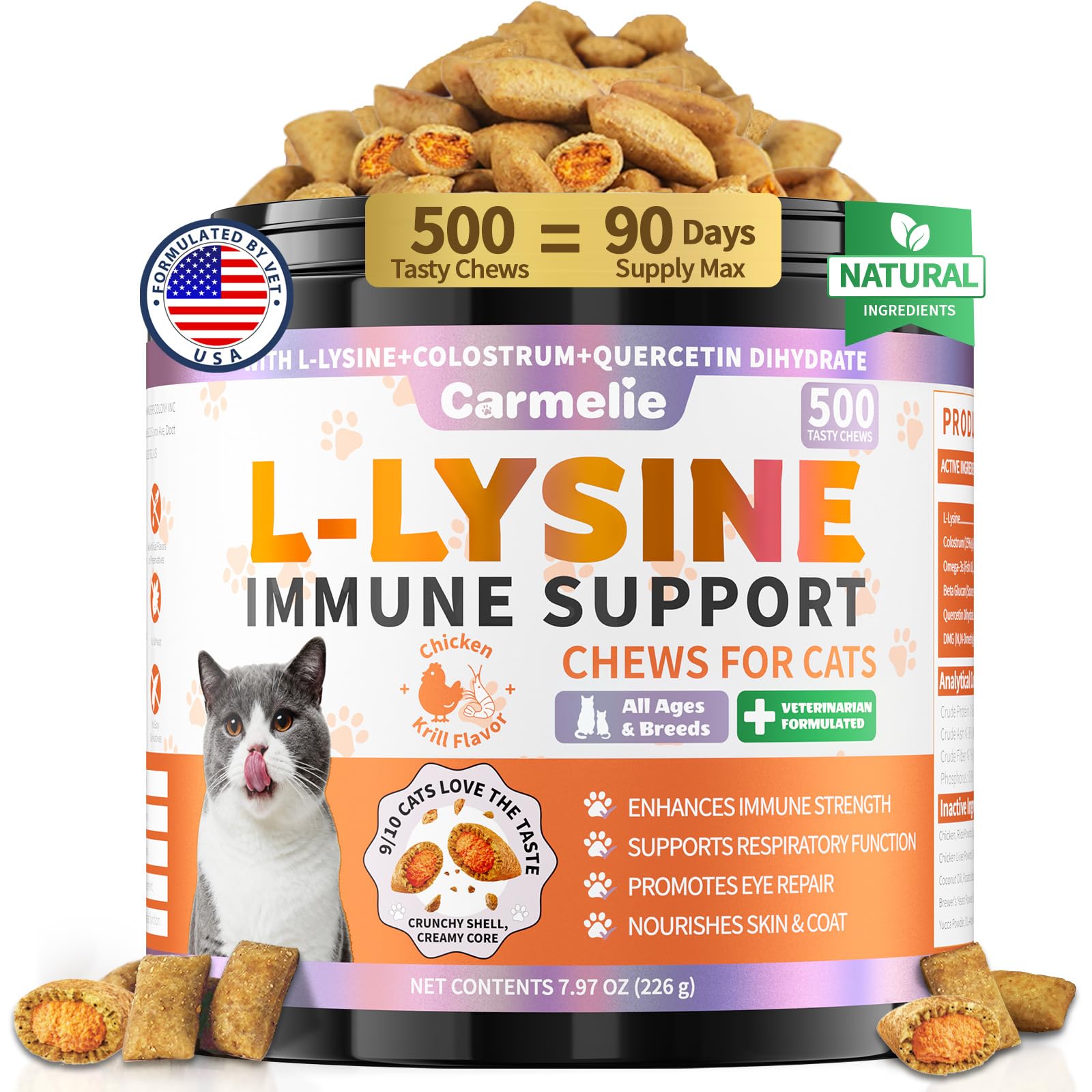 L-Lysine Immune Support Chews for Cats – Colostrum & Omega-3 500ct