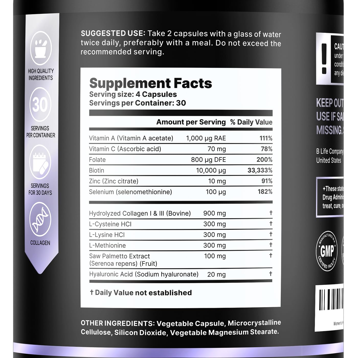 Hair Growth Vitamins Biotin 10000mcg Collagen 120 Capsules