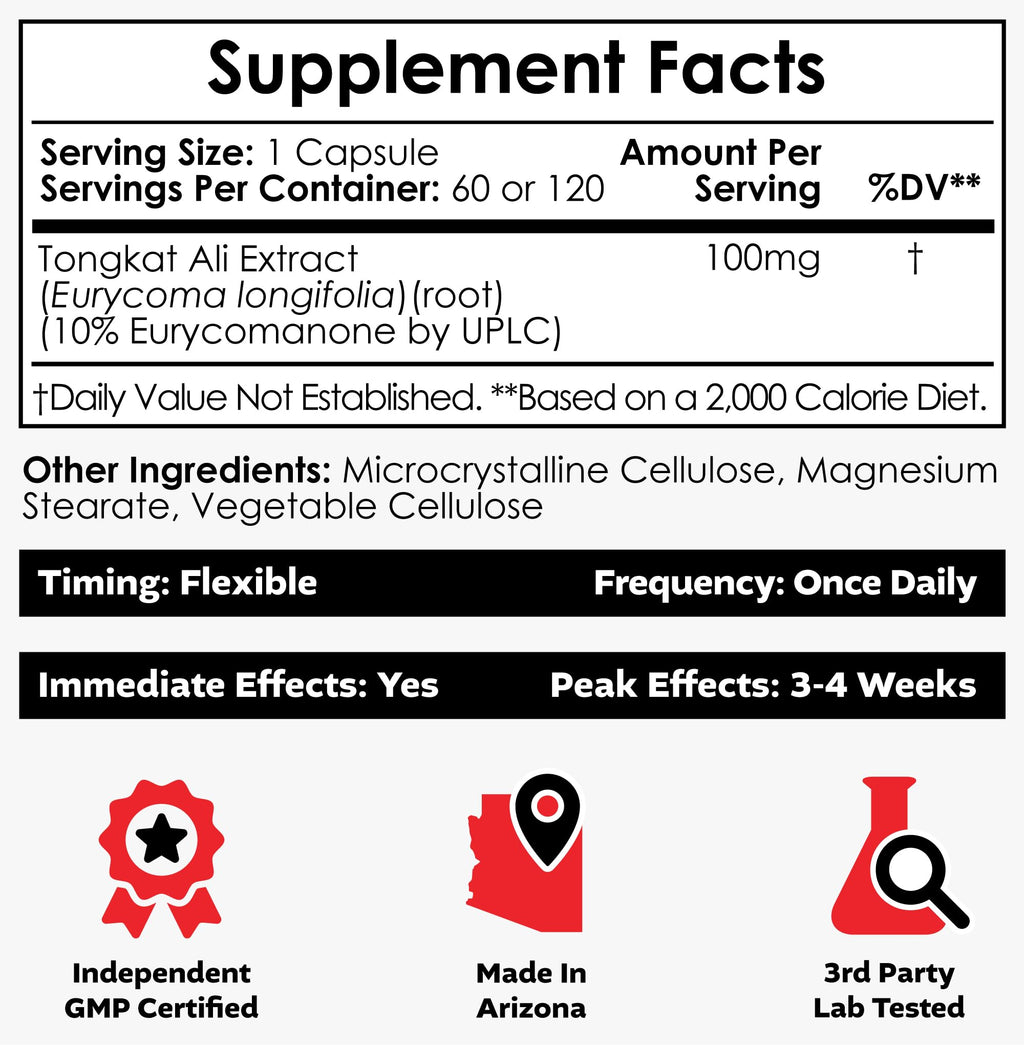 Tongkat Ali 100mg Extract Capsules for Testosterone, Energy & Performance 60 Ct