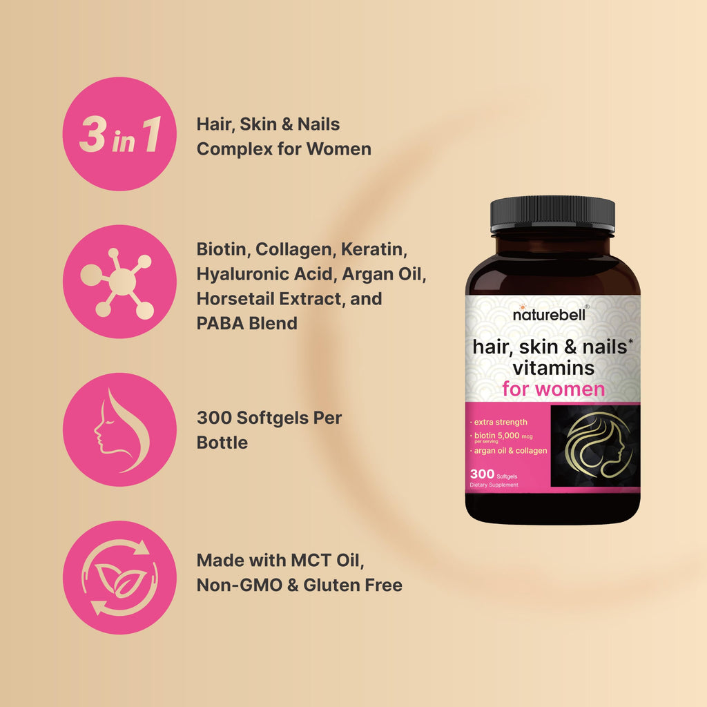 Hair Skin Nails Vitamins Biotin Collagen Keratin 300 Softgels