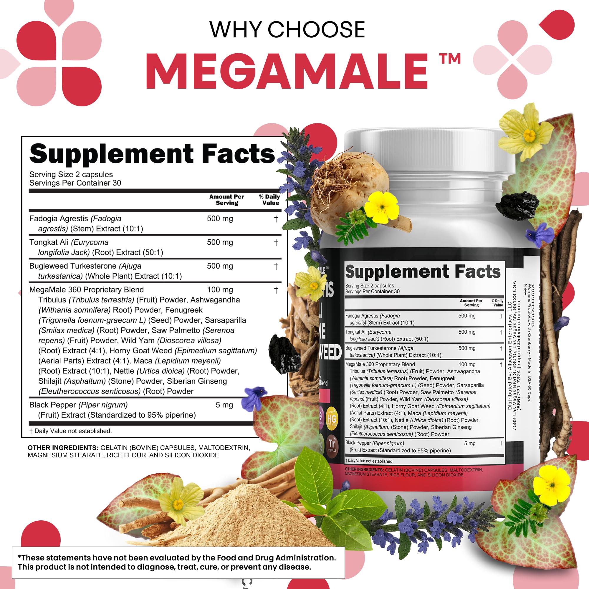 Testosterone Support Supplement with Tongkat Ali & Fadogia for Performance 60 Ct