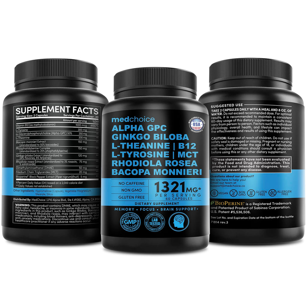 Nootropic Brain Supplement with Ginkgo, Alpha GPC & B12 for Focus & Memory