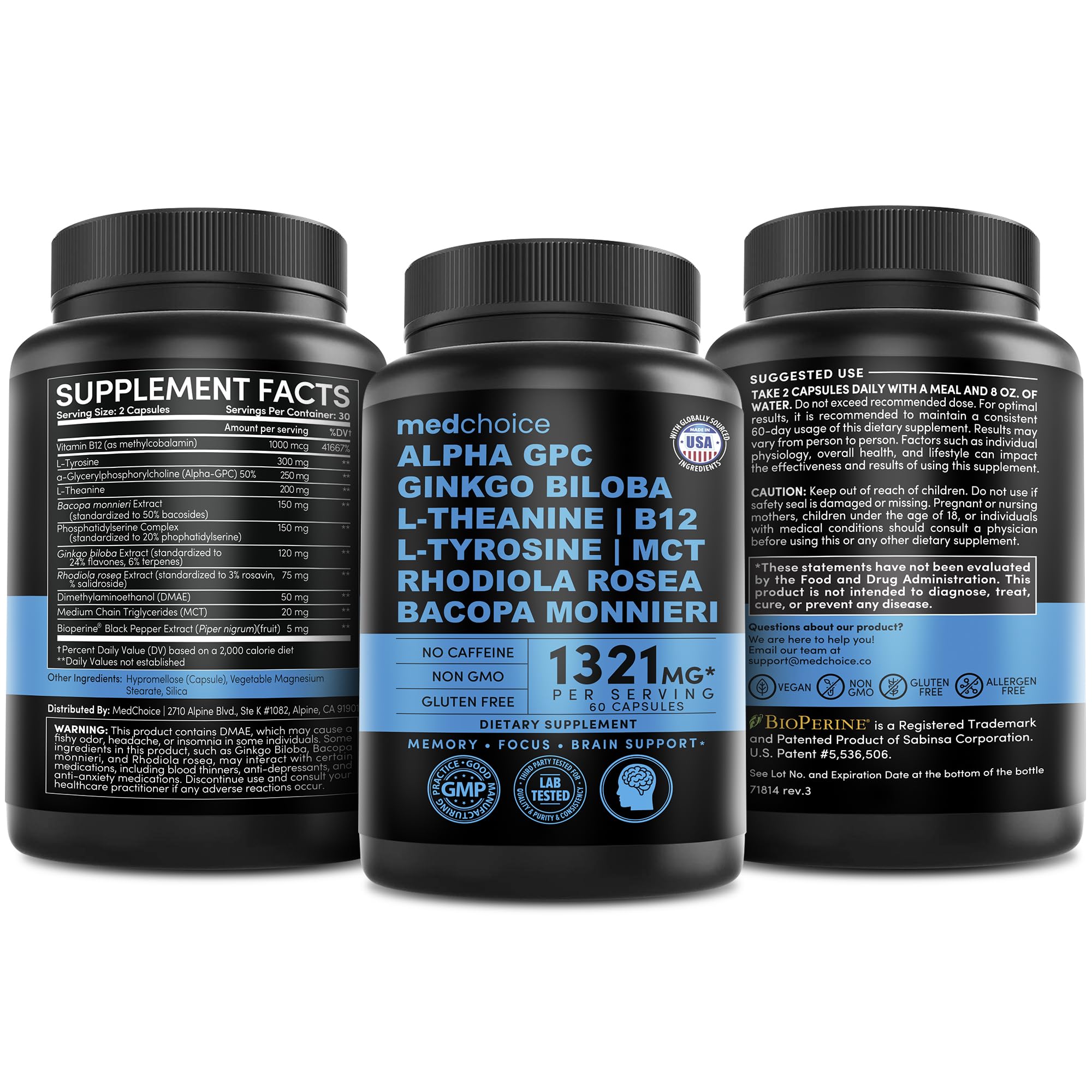 Nootropic Brain Supplement with Ginkgo, Alpha GPC & B12 for Focus & Memory