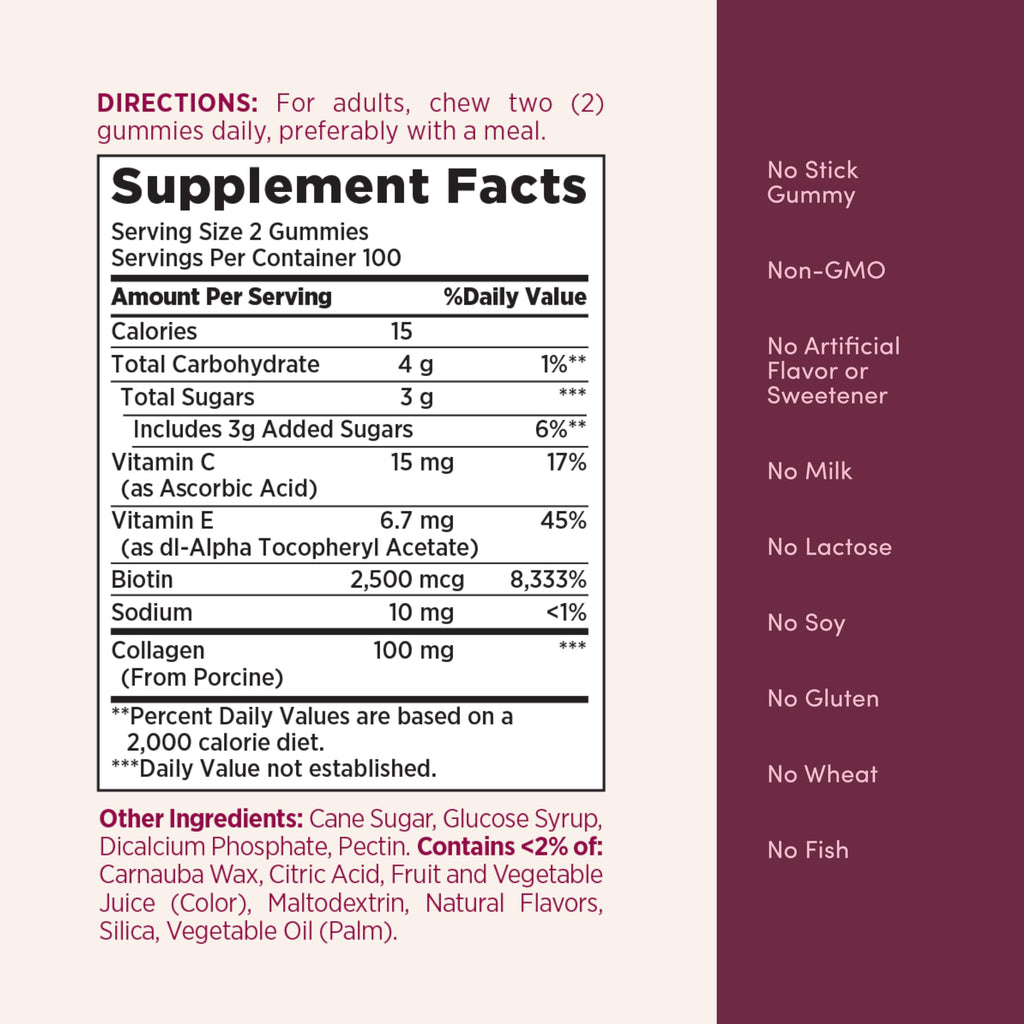 Hair Skin Nails Gummies Collagen Biotin 200 Count