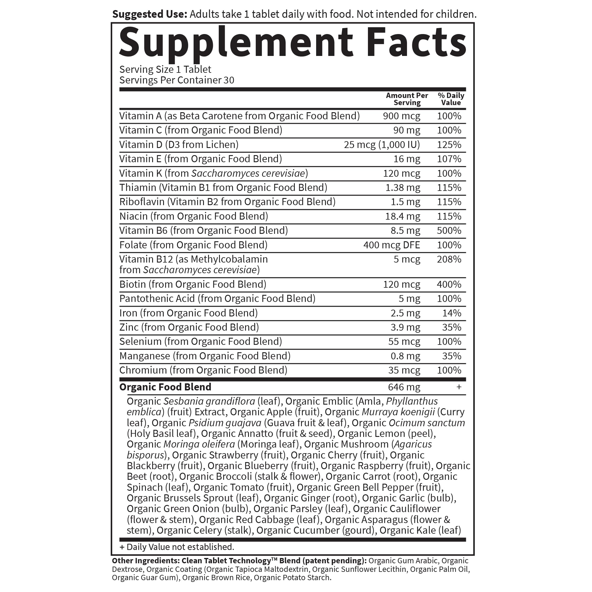 Organic Women’s Multivitamin One Daily Iron Biotin 30 Tablets