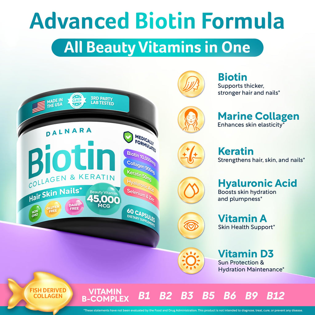 Biotin 45000mcg Hair Growth Collagen Keratin 60 Capsules