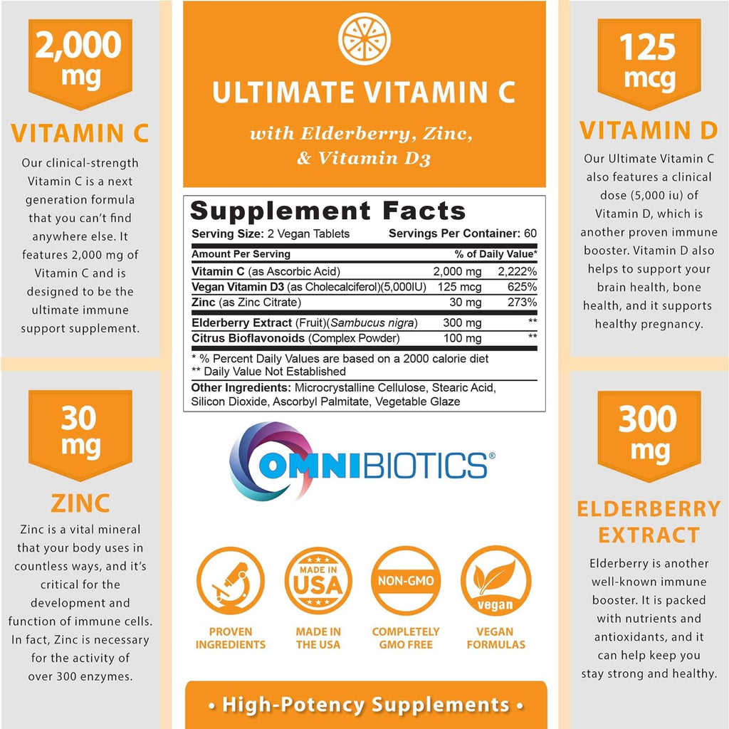 Vitamin C 2000mg Tablets with Zinc & D3 for Immune & Collagen Support 120 Ct