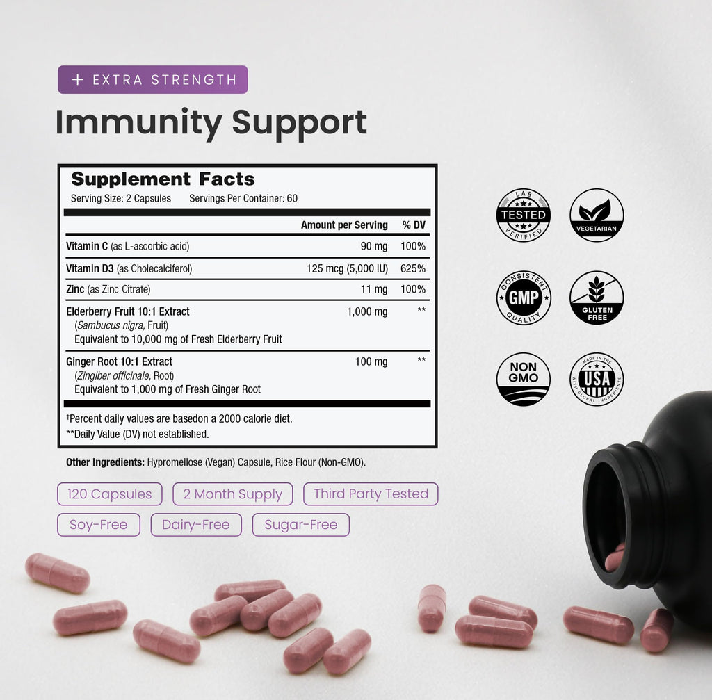 Elderberry Capsules with Vitamin C, Zinc & D3 for Immune Support 10000mg