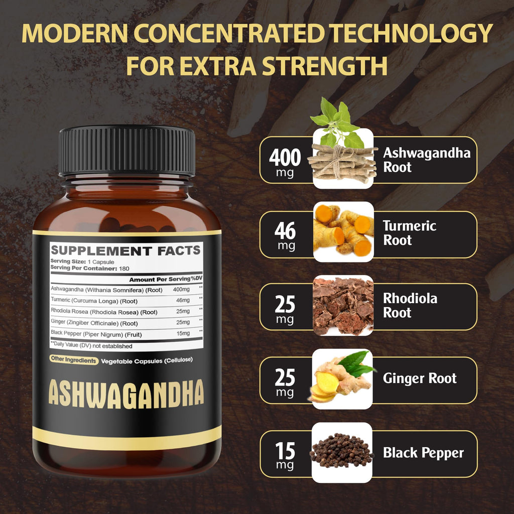 Ashwagandha Complex Capsules with Turmeric – Stress & Energy, 180 Ct