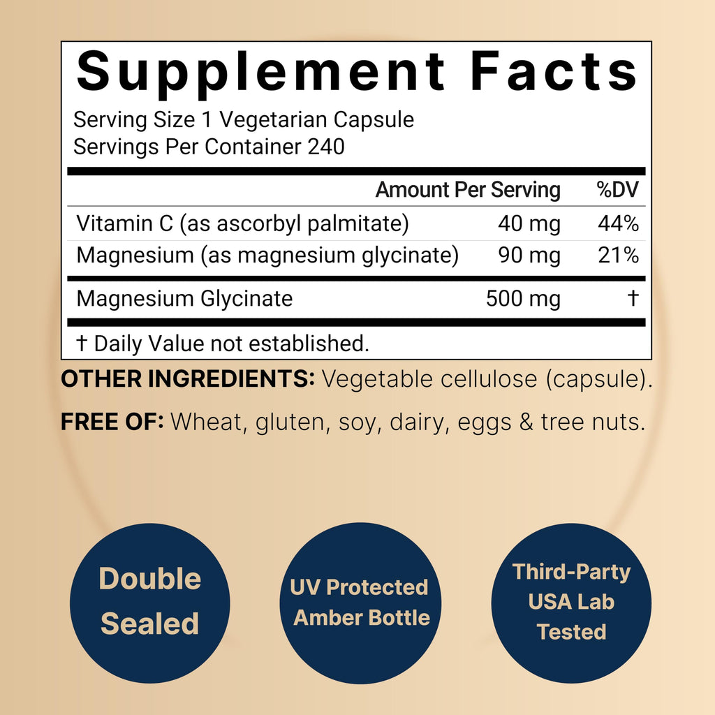 Magnesium Glycinate 500mg – High Absorption, 240 Capsules
