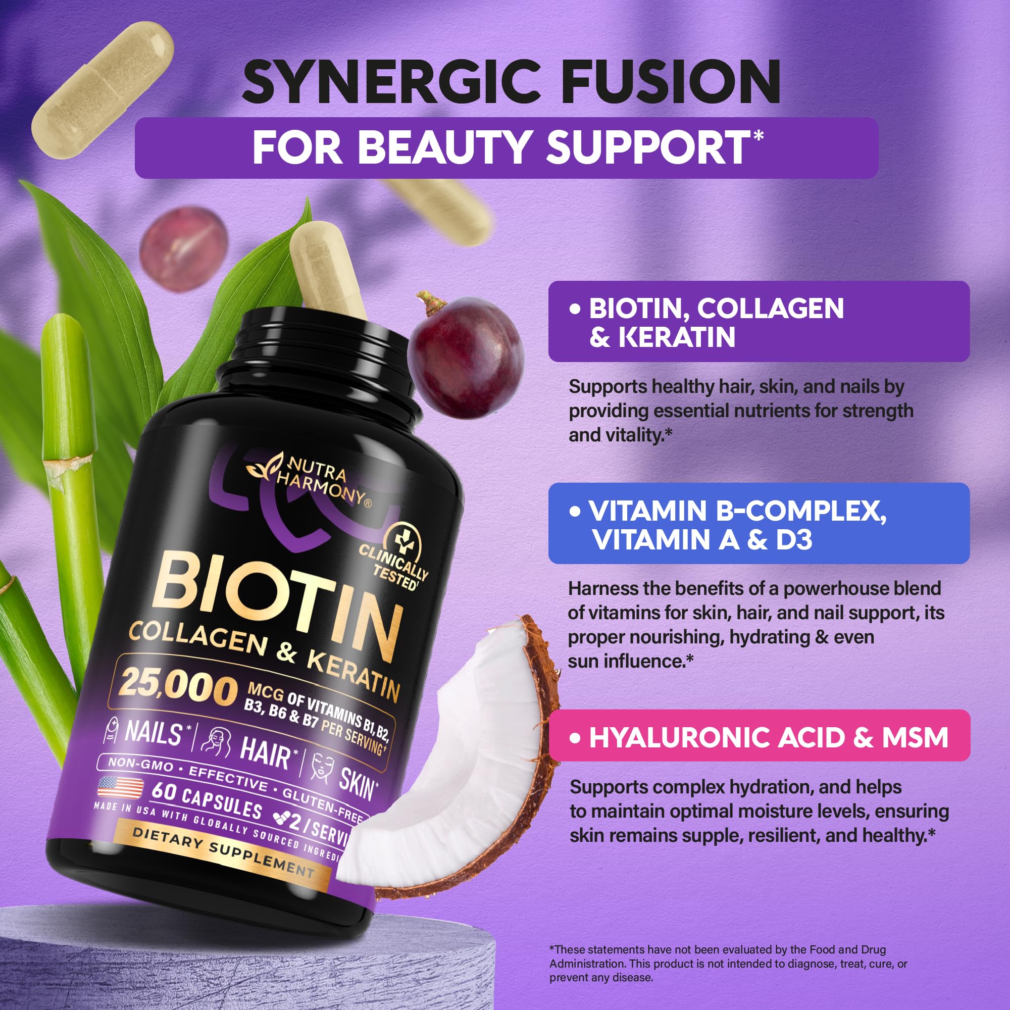 Biotin 25000mcg Hair Growth Collagen Keratin 60 Capsules