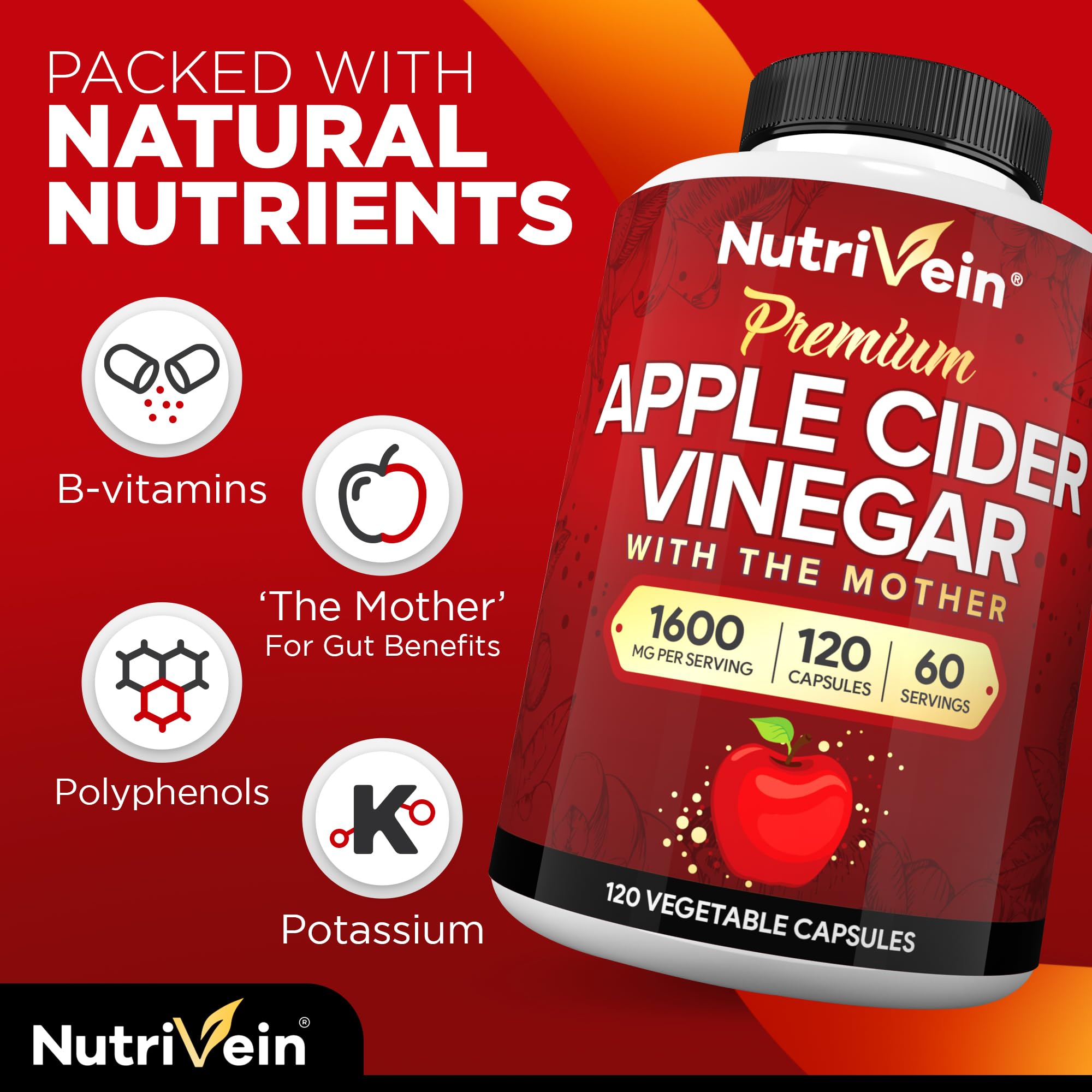 Apple Cider Vinegar Capsules 1600mg for Digestion, Detox & Metabolism Support 120 Ct