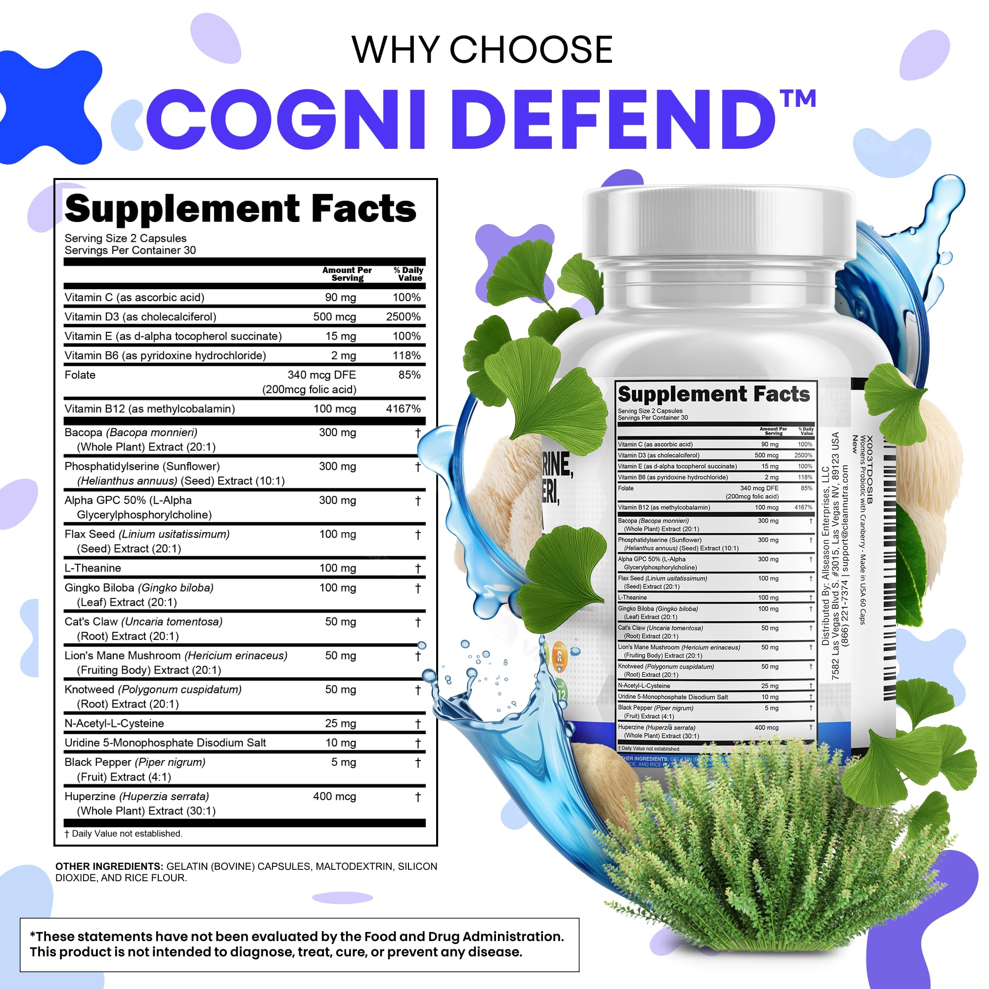 Nootropic Brain Supplement with Alpha GPC, Bacopa & Ginkgo for Focus & Memory
