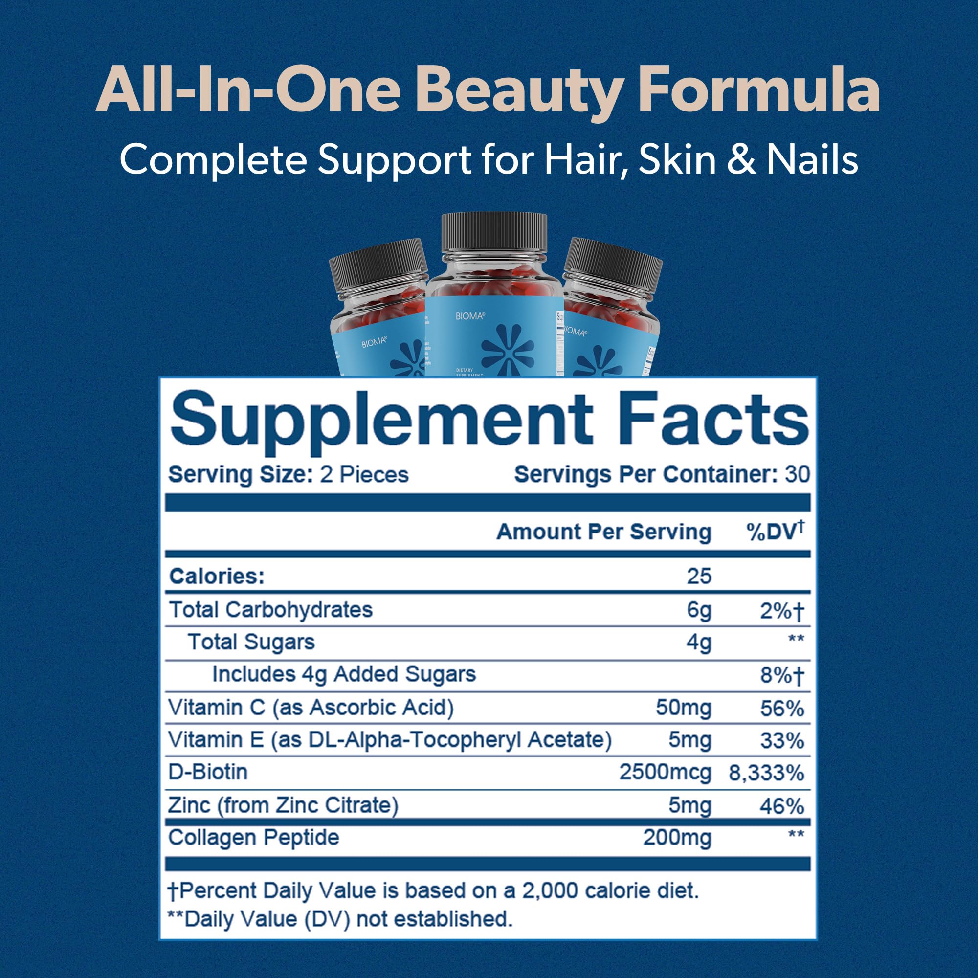 Hair Skin Nails Gummies Biotin Collagen Zinc 60 Count