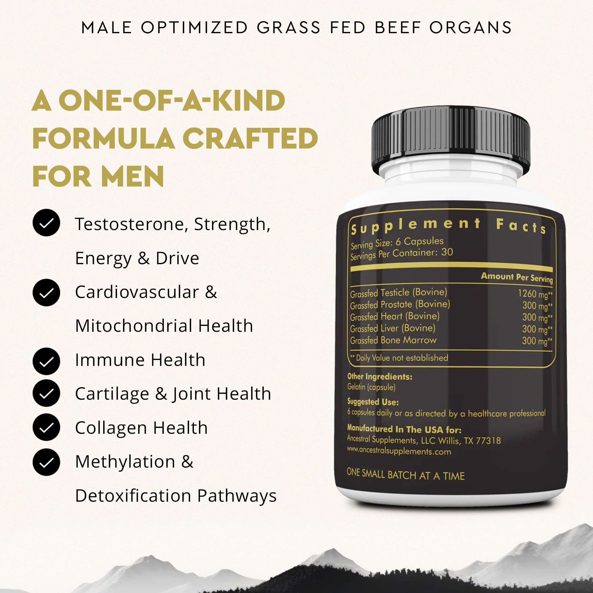 Grass-Fed Beef Organ Testosterone Supplement for Men – Energy & Vitality, 180 Capsules