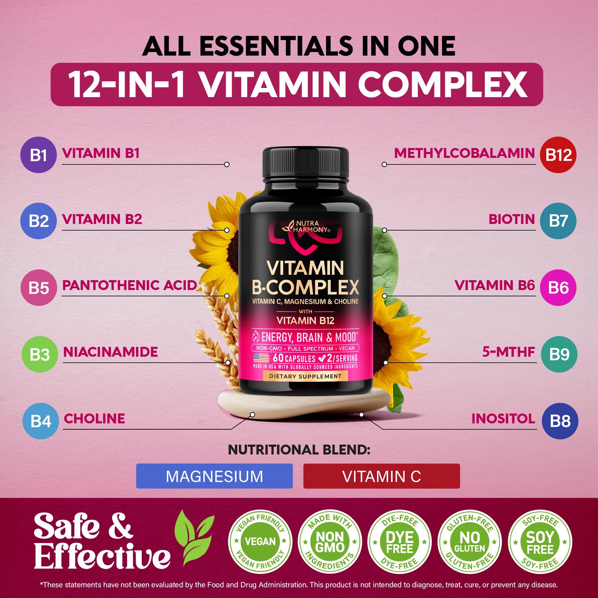 Vitamin B Complex Supplement for Energy & Brain Support – 60 Caps