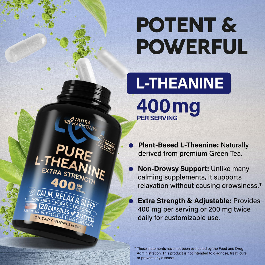 L-Theanine 400mg – Stress Relief & Sleep Support, 120 Capsules