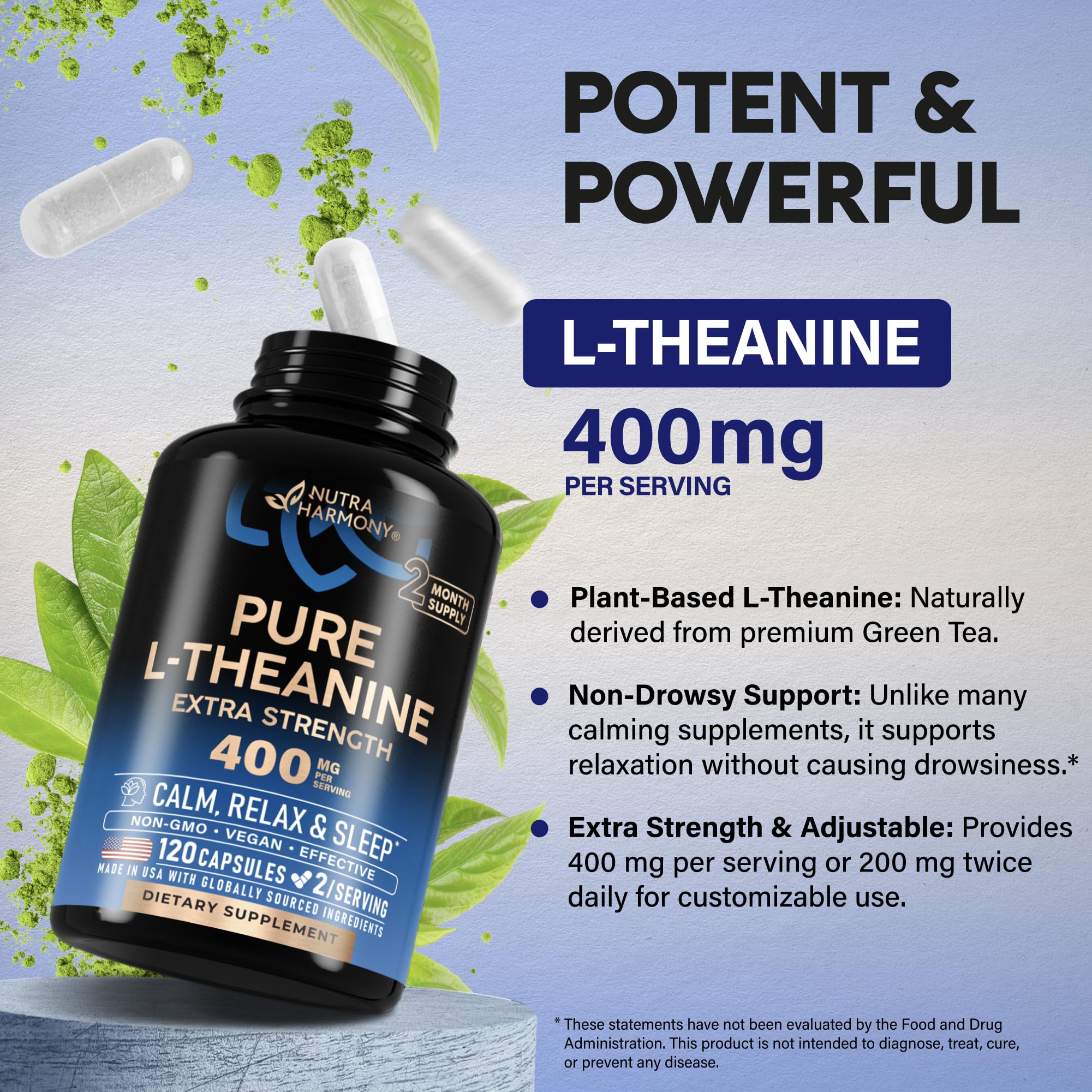 L-Theanine 400mg – Stress Relief & Sleep Support, 120 Capsules