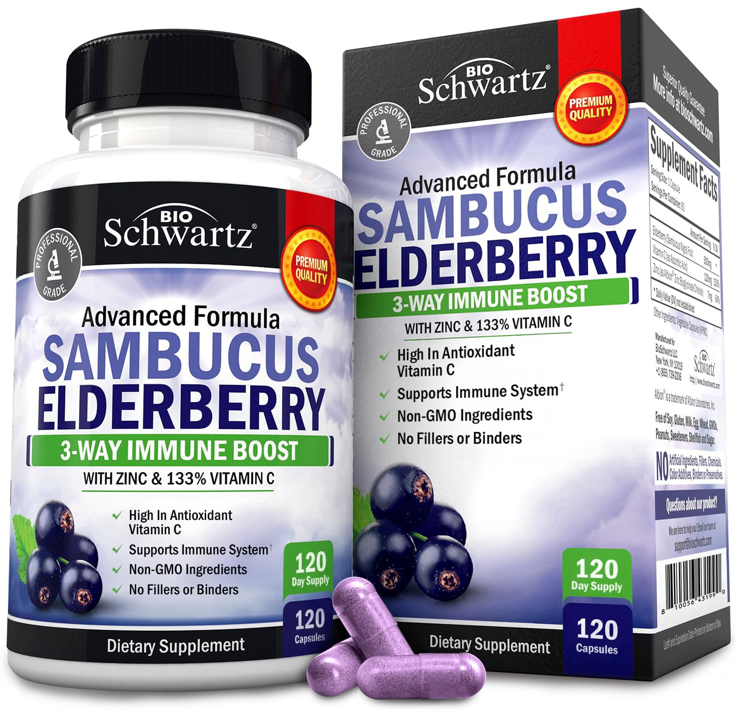 Elderberry Capsules with Vitamin C & Zinc for Immune Support 120 Ct