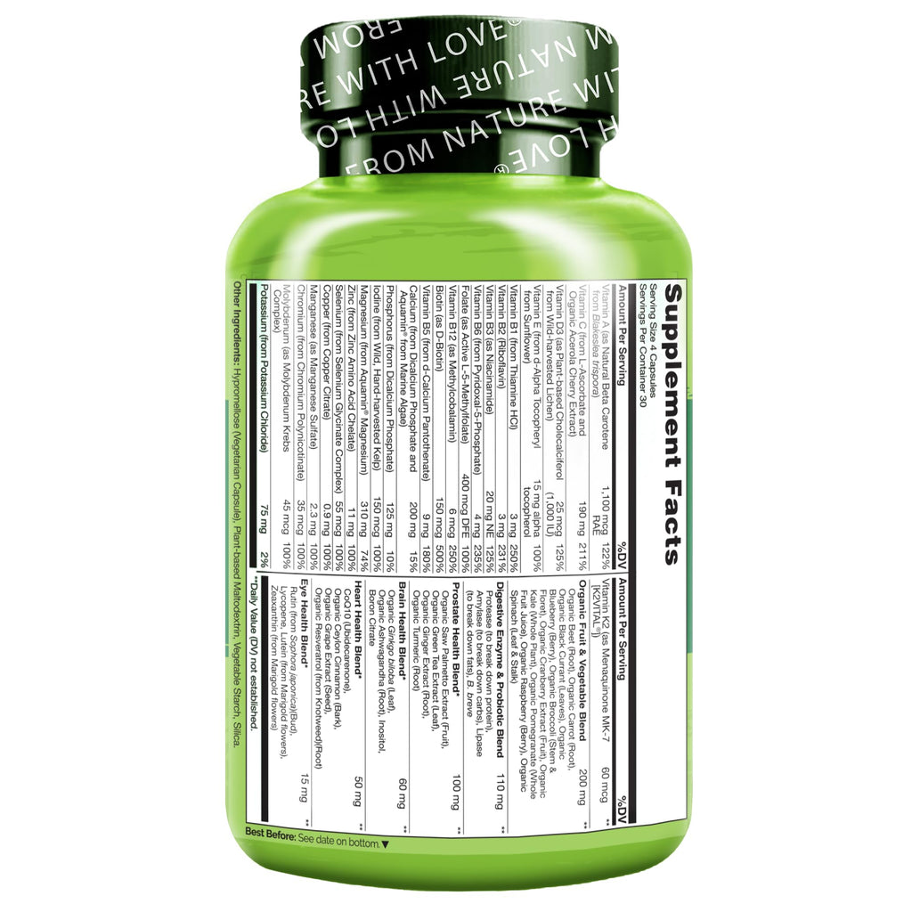 Men's 50+ Whole Food Multivitamin – Organic Herbs, Vegan, Energy & Heart Health, 120 Capsules