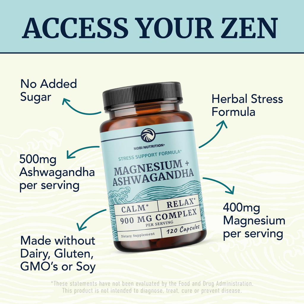 Magnesium & Ashwagandha Supplement for Calm, Sleep & Stress Support 120 Ct