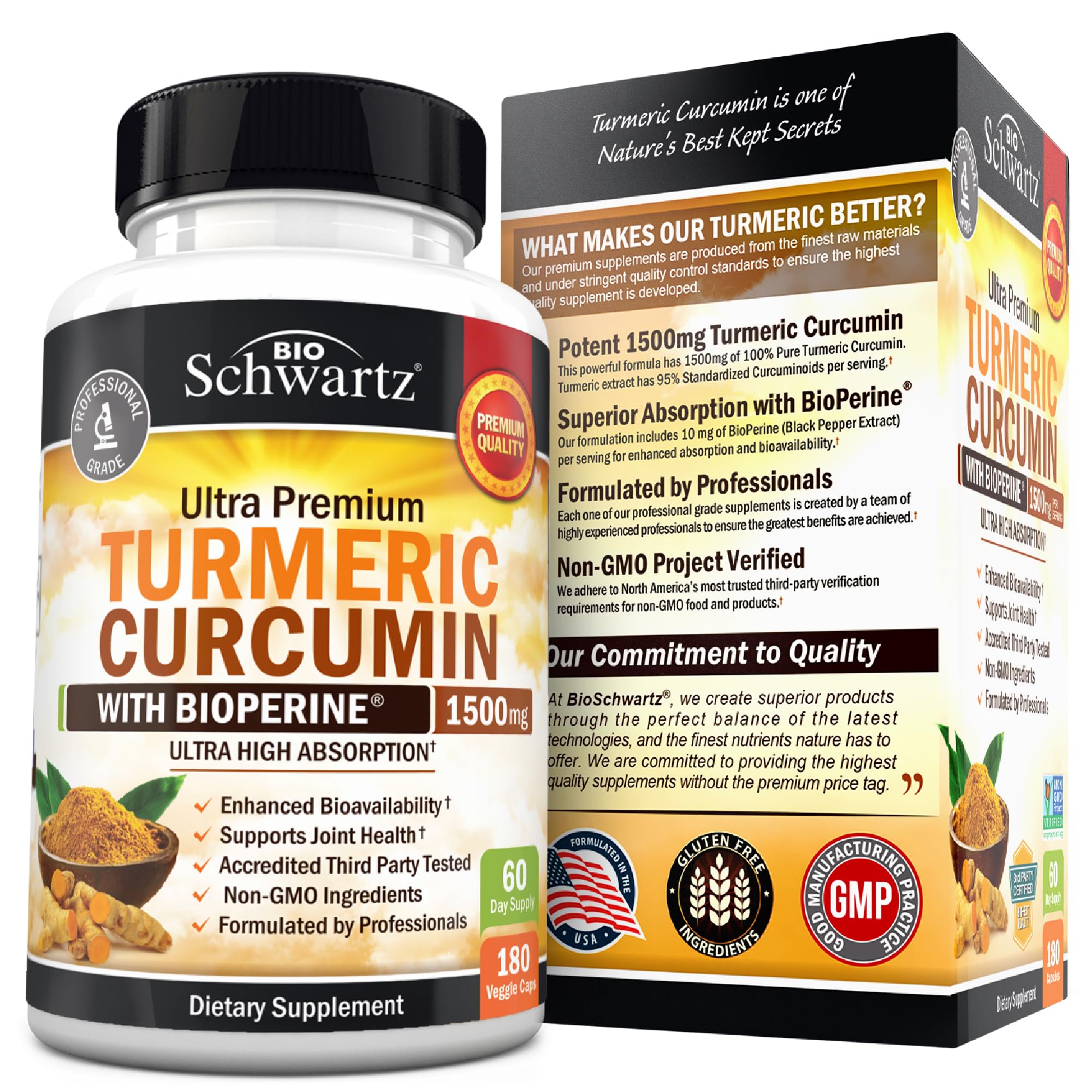 Turmeric Curcumin 1500mg Capsules with Black Pepper for Joint Support 180 Ct
