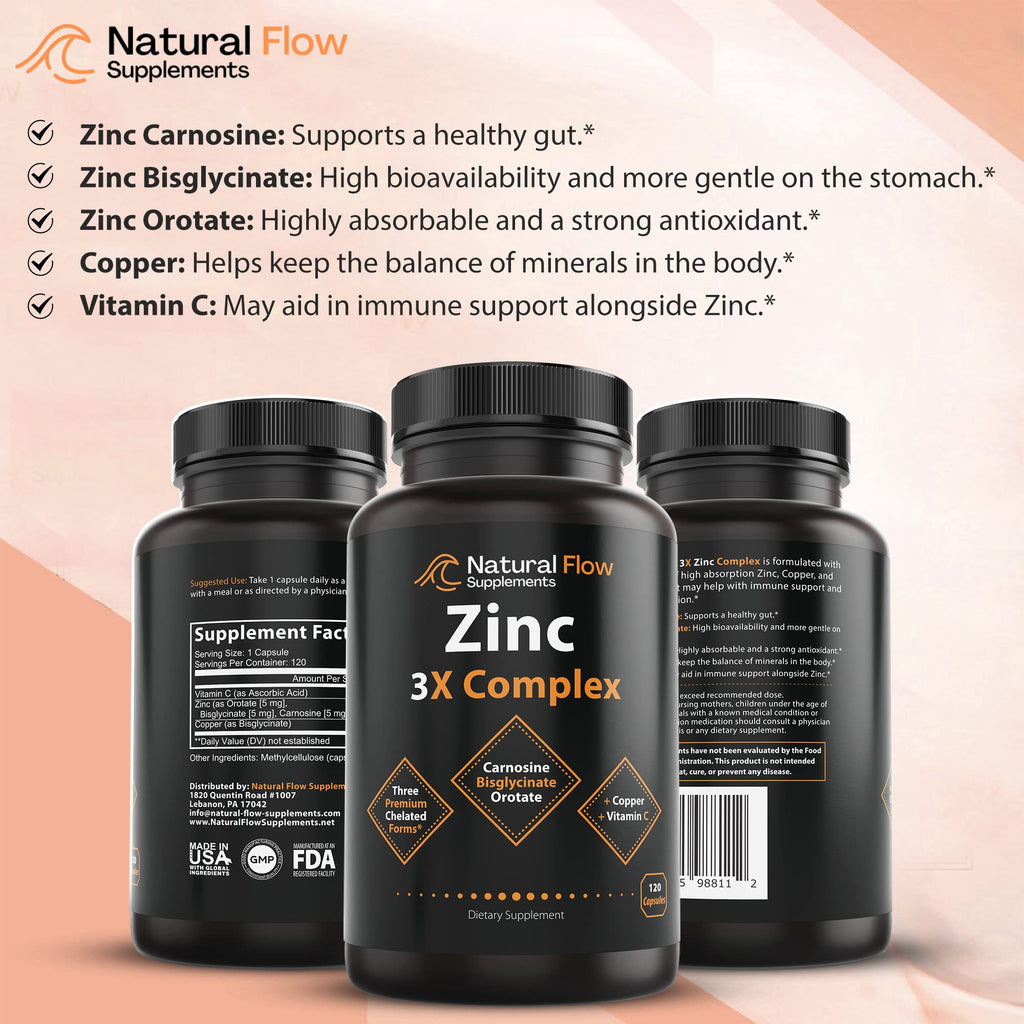 Zinc Complex Capsules with Copper & Vitamin C for Immune & Skin Support 120 Ct