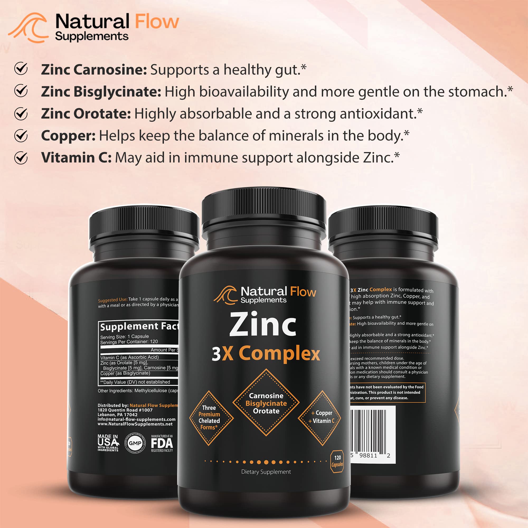 Zinc Complex Capsules with Copper & Vitamin C for Immune & Skin Support 120 Ct
