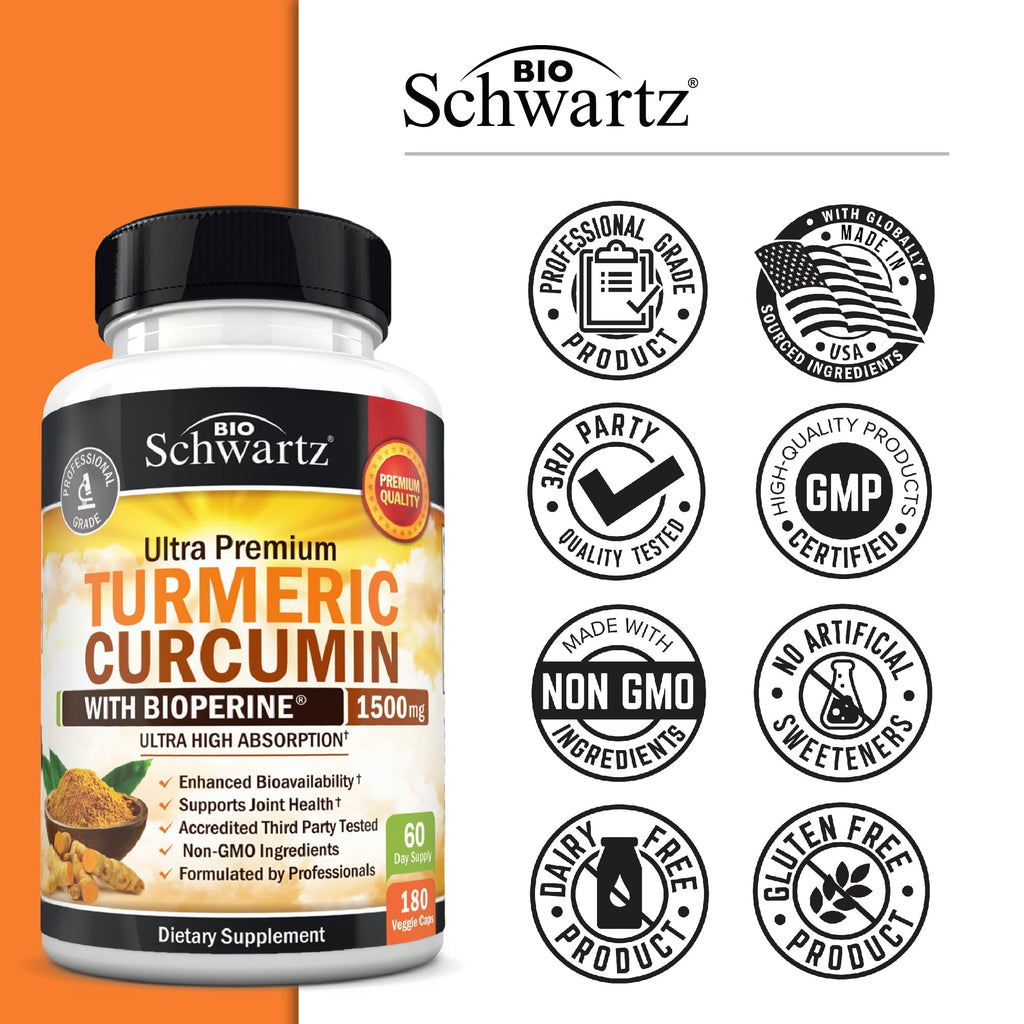 Turmeric Curcumin 1500mg Capsules with Black Pepper for Joint Support 180 Ct