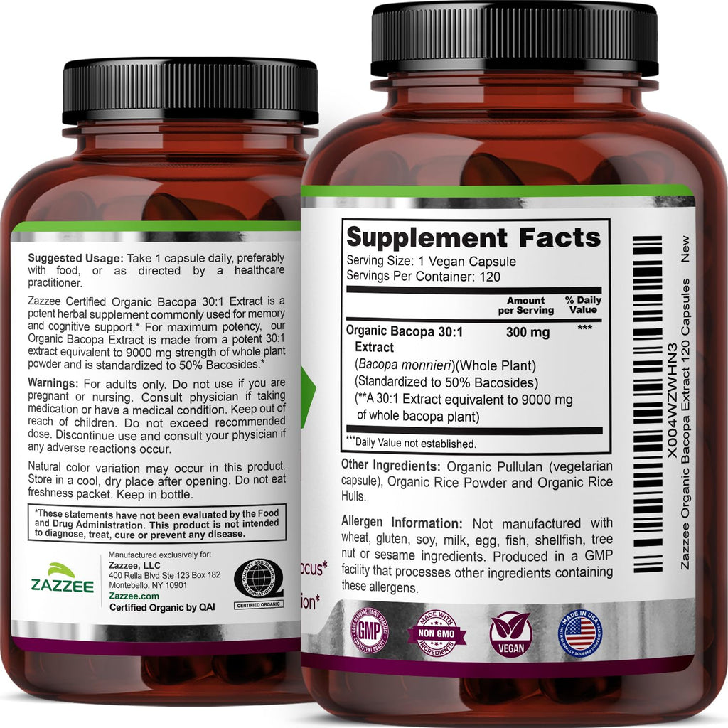 Bacopa Extract 30:1 Capsules for Memory, Focus & Cognitive Support 120 Ct