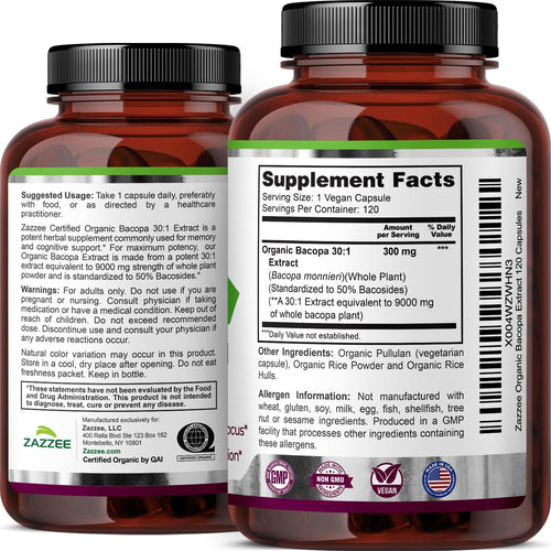 Bacopa Extract 30:1 Capsules for Memory, Focus & Cognitive Support 120 Ct