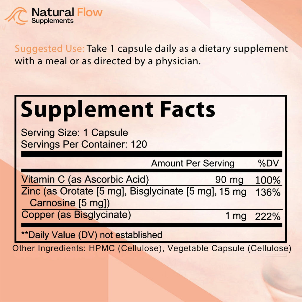 Zinc Complex Capsules with Copper & Vitamin C for Immune & Skin Support 120 Ct