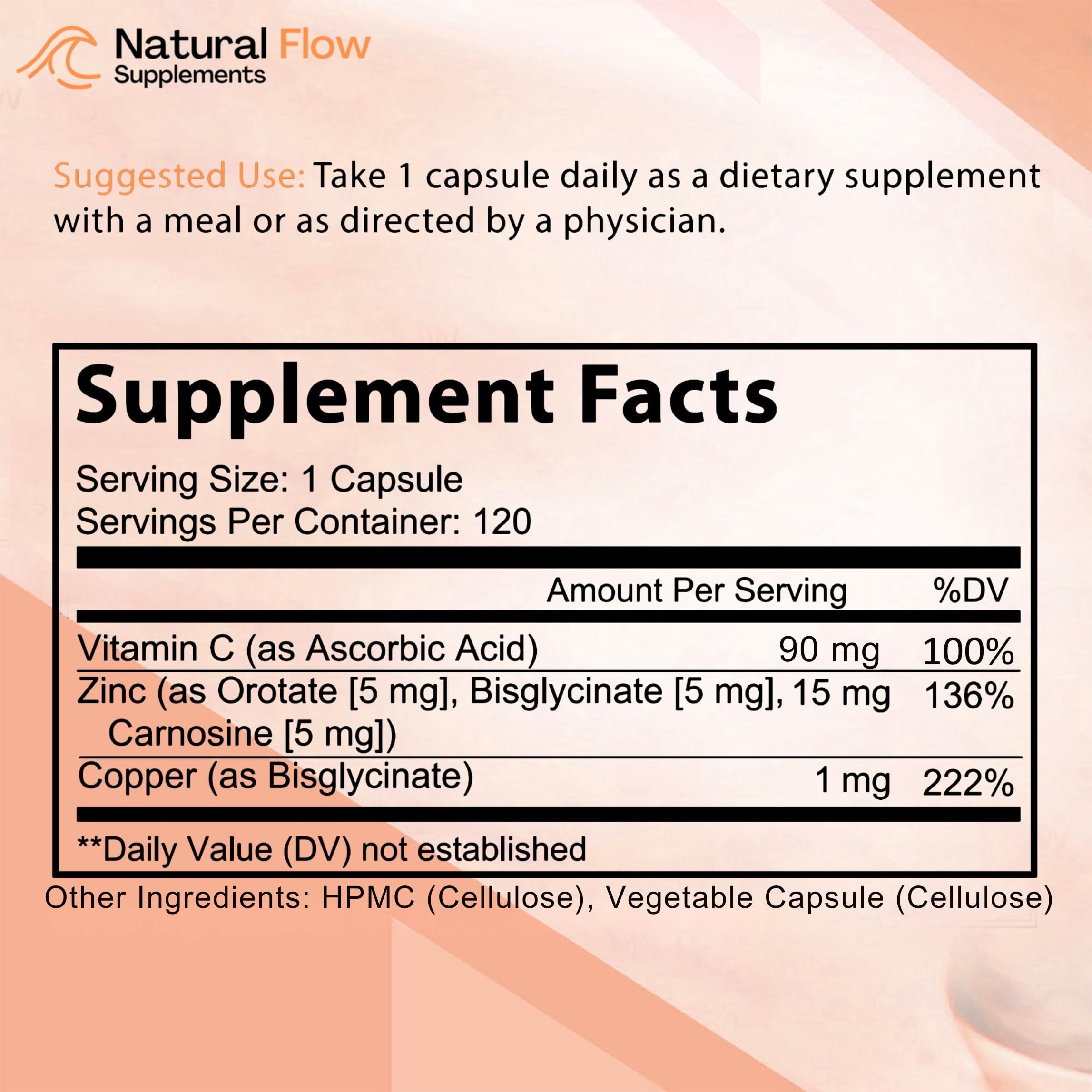 Zinc Complex Capsules with Copper & Vitamin C for Immune & Skin Support 120 Ct