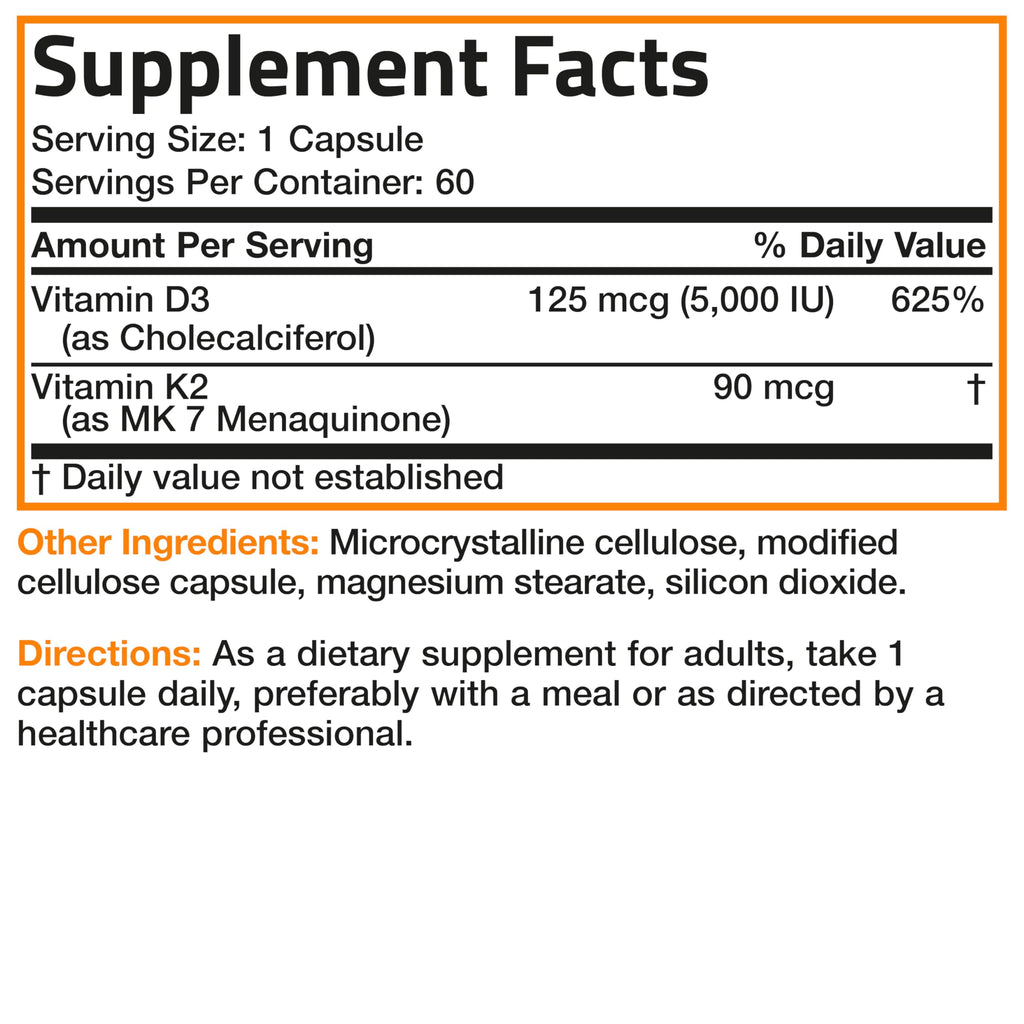 Vitamin D3 5000 IU with K2 MK-7 – Bone & Immune Support, 60 Caps