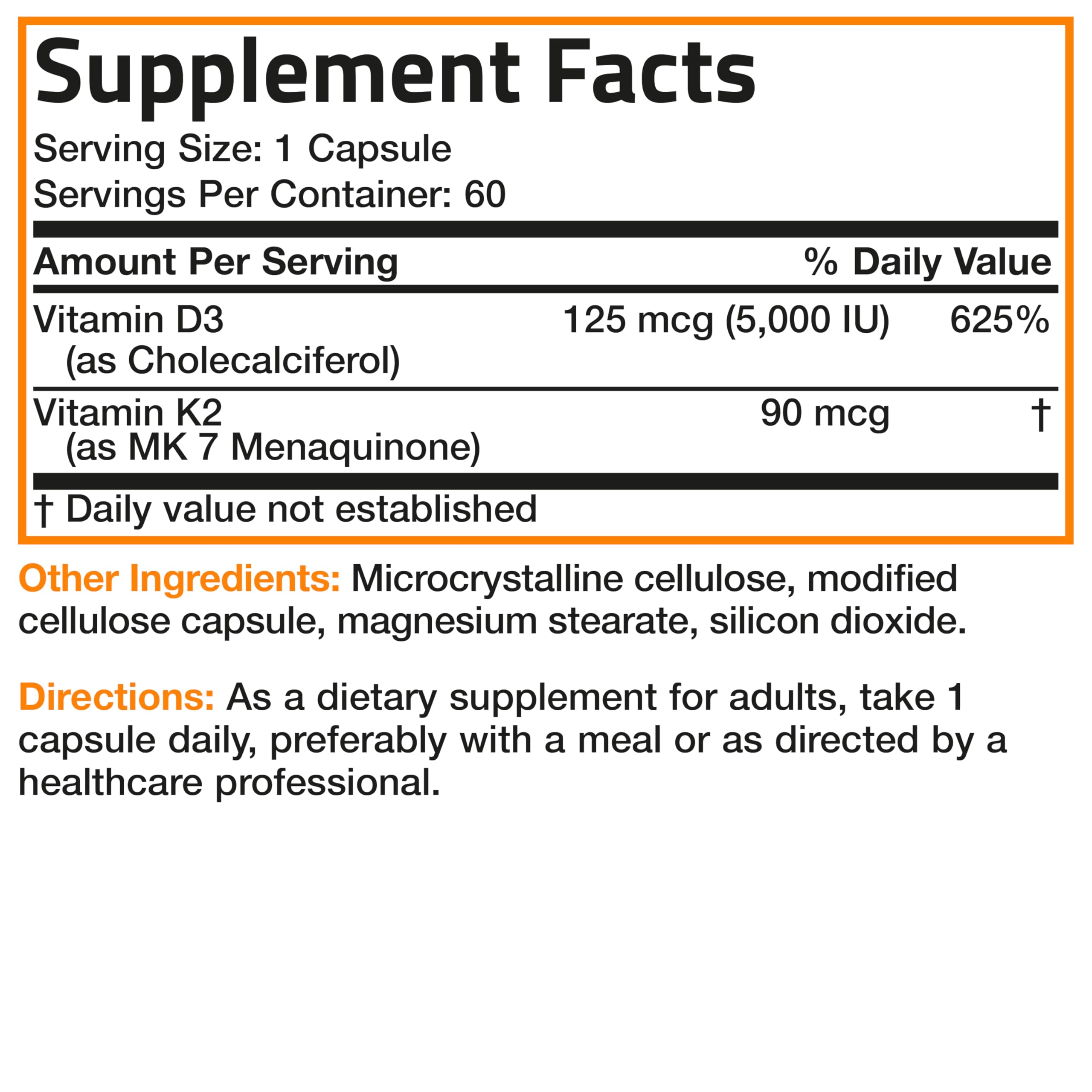 Vitamin D3 5000 IU with K2 MK-7 – Bone & Immune Support, 60 Caps