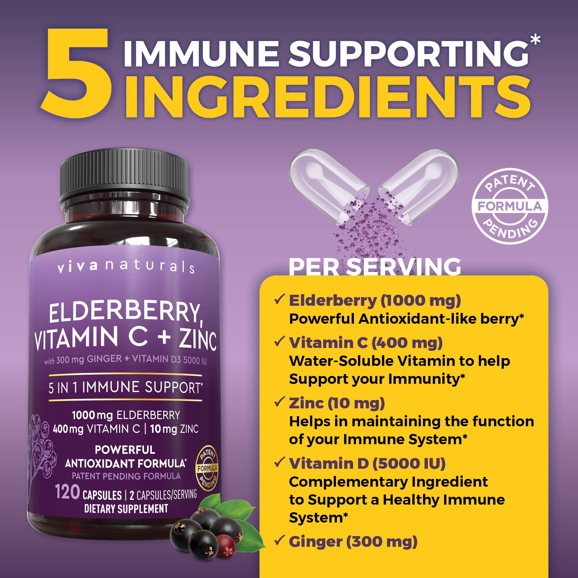 Elderberry Capsules with Vitamin C, Zinc & D3 for Immune Support