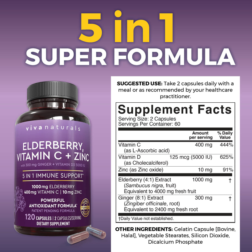 Elderberry Capsules with Vitamin C, Zinc & D3 for Immune Support