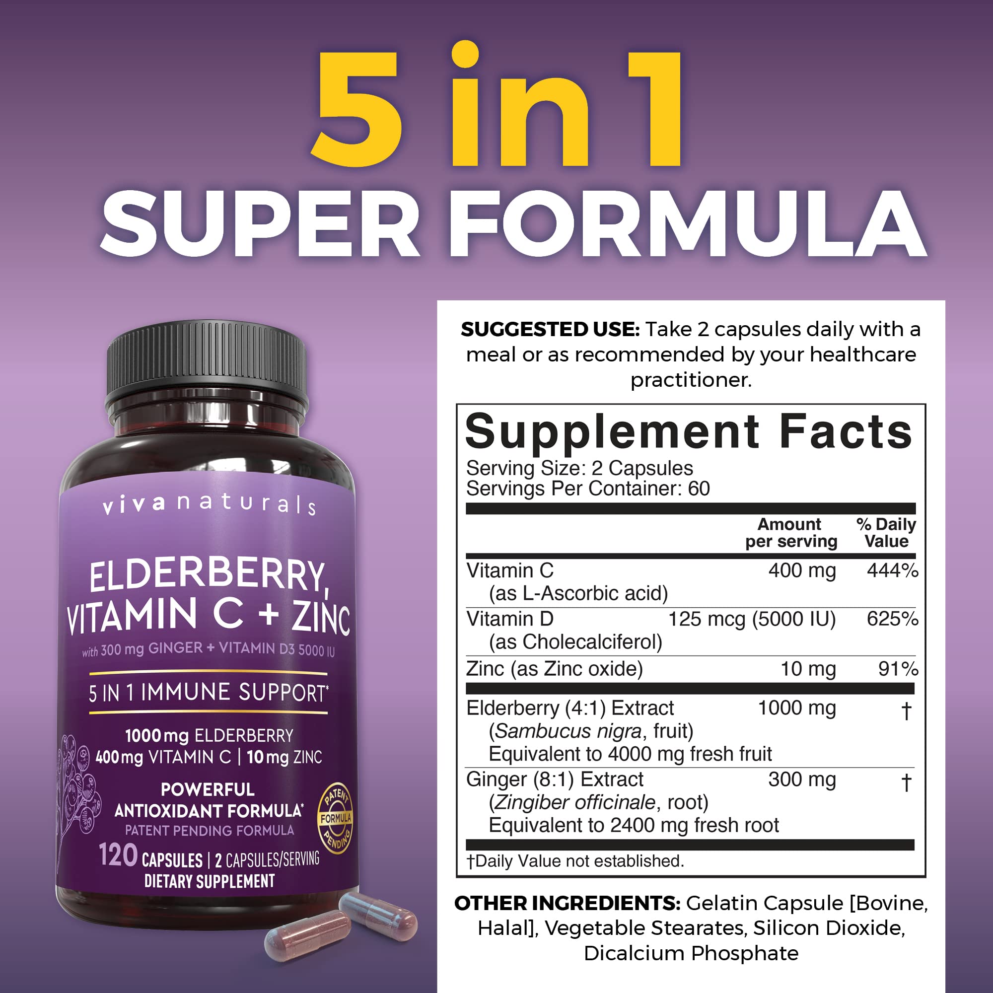 Elderberry Capsules with Vitamin C, Zinc & D3 for Immune Support