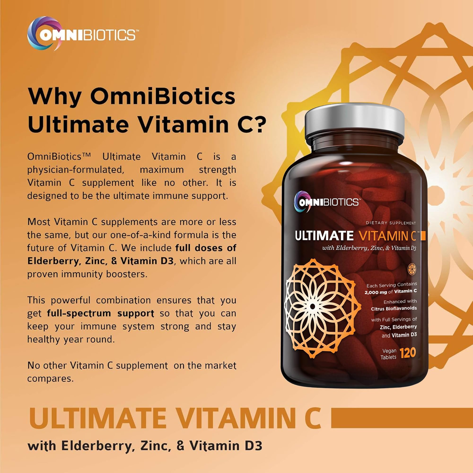 Vitamin C 2000mg Tablets with Zinc & D3 for Immune & Collagen Support 120 Ct