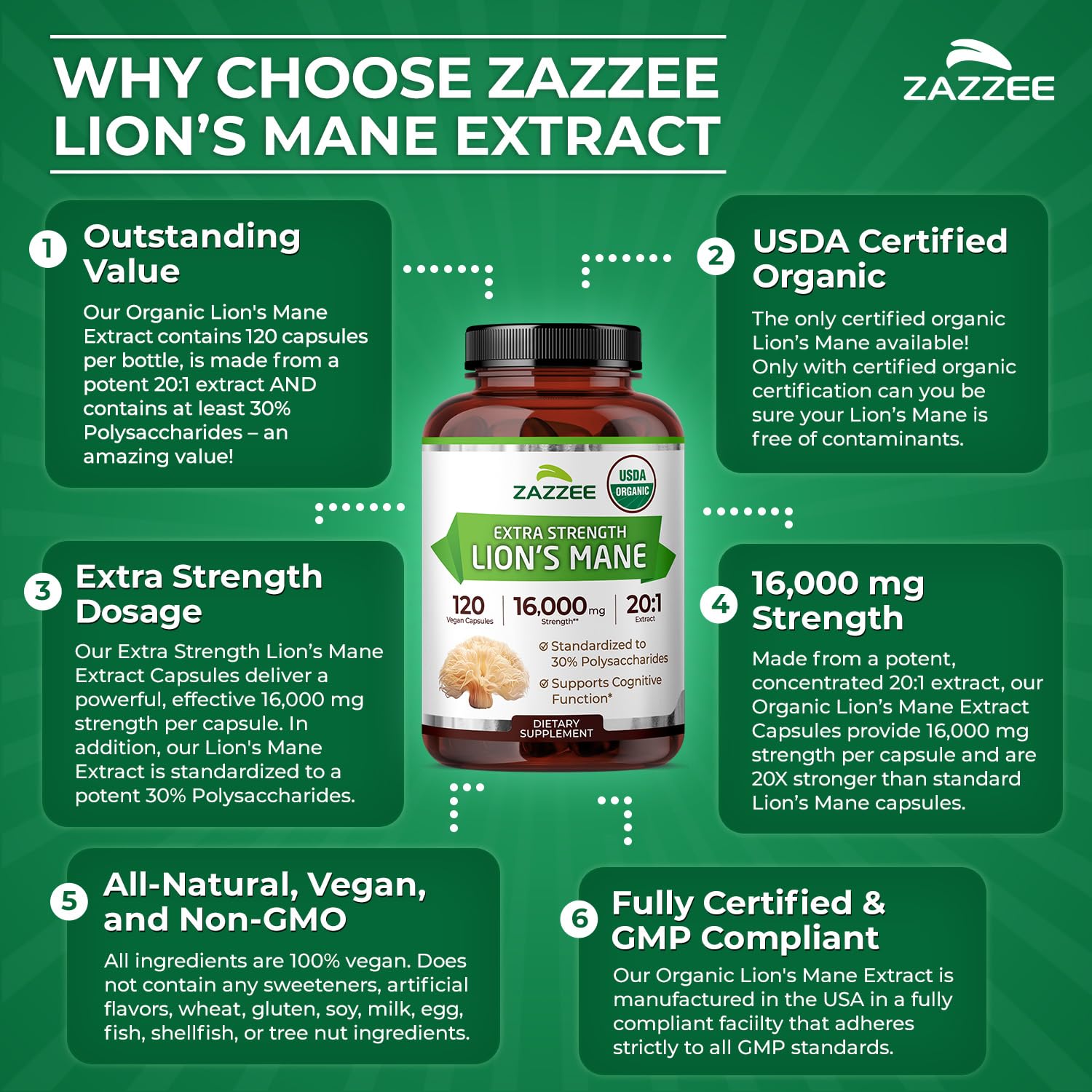 Lion’s Mane Extract 20:1 Capsules for Brain, Focus & Memory Support 120 Ct