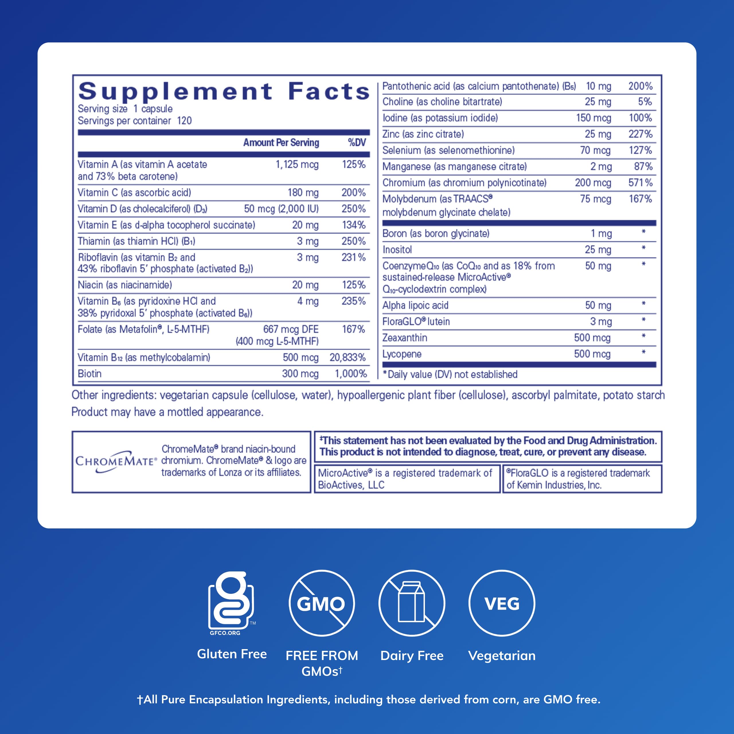 Once Daily Multivitamin – CoQ10, Lutein, Metafolin, Vision & Cognitive Support, 120 Capsules