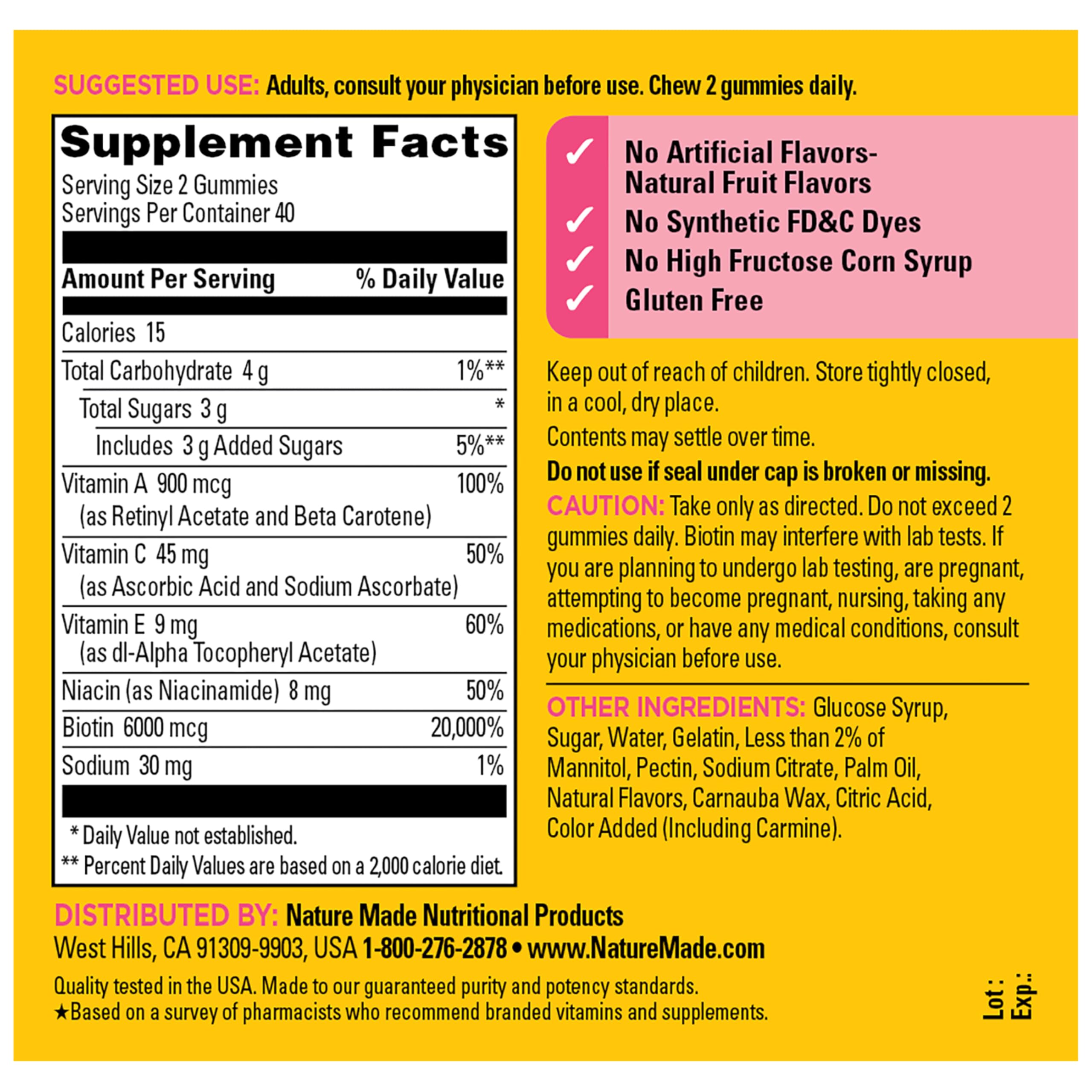 Hair Skin Nails Gummies Biotin Vitamin C E 80 Count