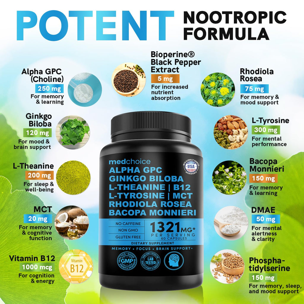 Nootropic Brain Supplement with Ginkgo, Alpha GPC & B12 for Focus & Memory