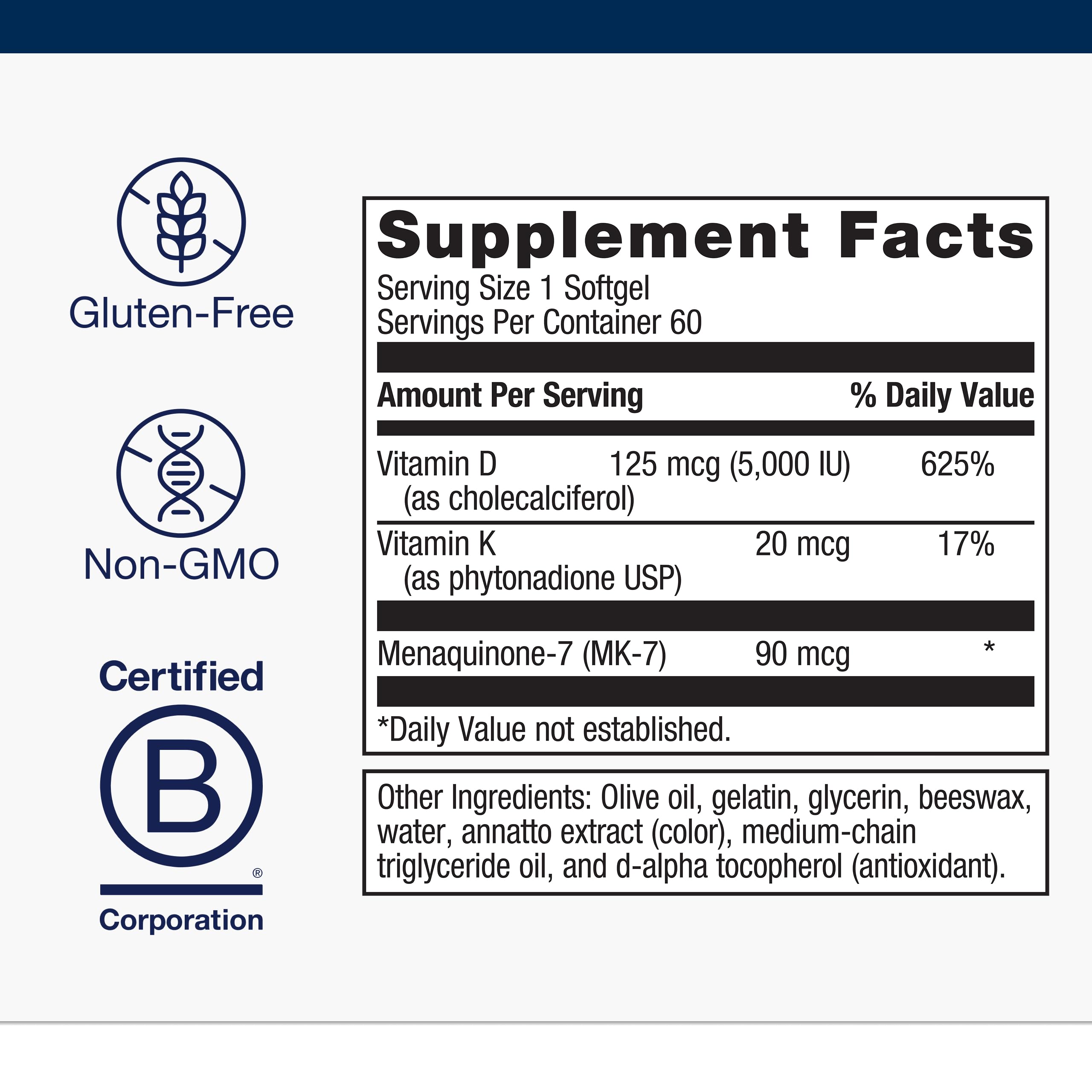 Vitamin D3 + K2 Softgels 5000 IU – Bone & Heart Support, 60 Ct