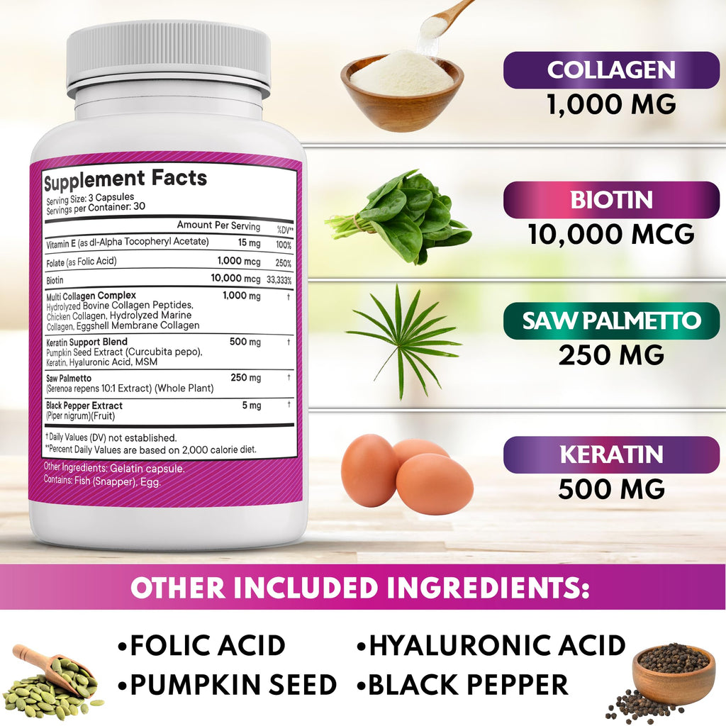 Hair Skin Nails Vitamins Collagen Biotin Keratin 90 Count