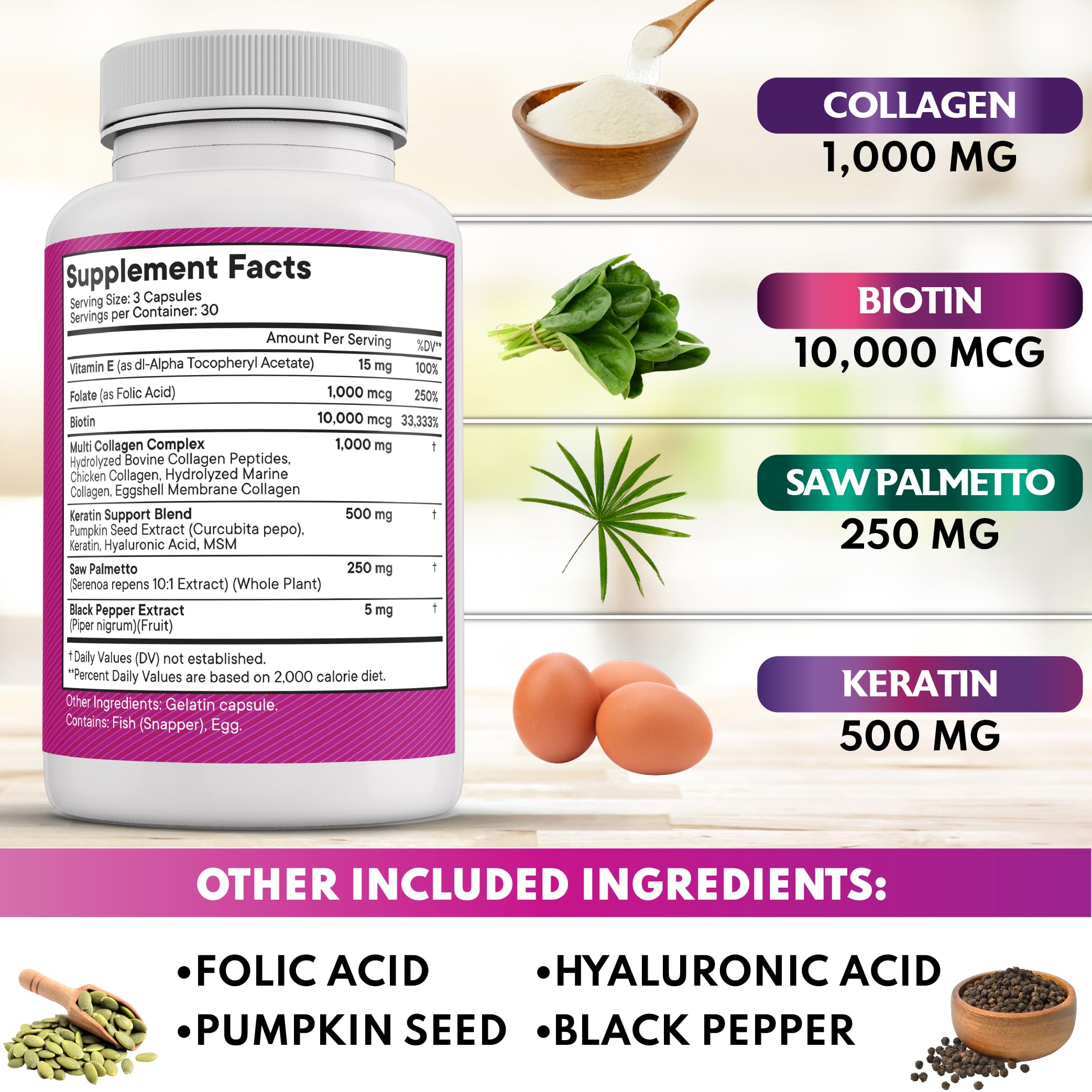 Hair Skin Nails Vitamins Collagen Biotin Keratin 90 Count
