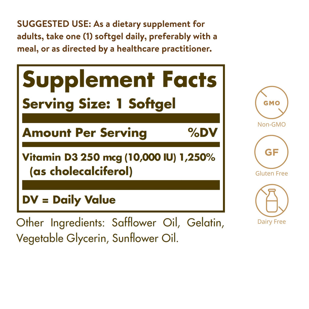 Vitamin D3 10000 IU Softgels – Bone & Immune Support, 180 Ct