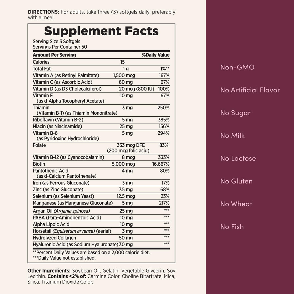 Hair Skin Nails Vitamins Biotin Hyaluronic 150 Softgels